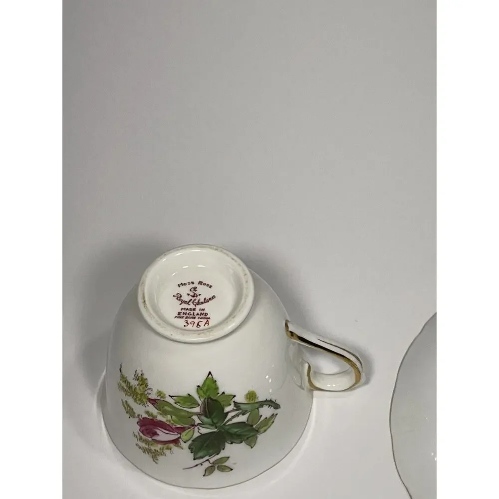 Vintage Royal Chelsea Fine Bone China England Moss Rose Demitasse Teacup‎ Saucer